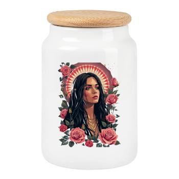 Rose Moon Portrait with Flower Circle - Cookie Jar with Wooden Lid - white - Front