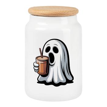 Fantôme avec latte à la citrouille - Boîte à biscuits avec couvercle en bois - blanc - Devant