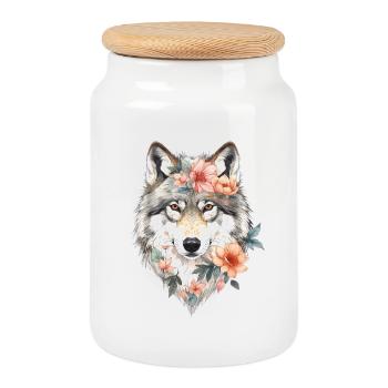 Portrait de loup fleur - Boîte à biscuits avec couvercle en bois - blanc - Devant