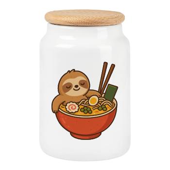 Sloth Ramen Snuggle Design - Cookie Jar with Wooden Lid - white - Front