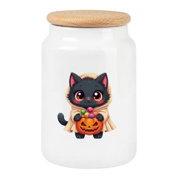 Chat d’Halloween avec citrouille d’Halloween - Boîte à biscuits avec couvercle en bois - blanc - Devant
