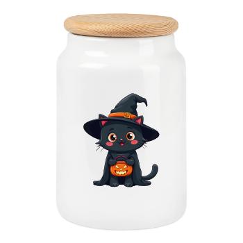 Halloween Katze mit Halloween Kürbis - Keksdose mit Holzdeckel - Weiß - Vorne