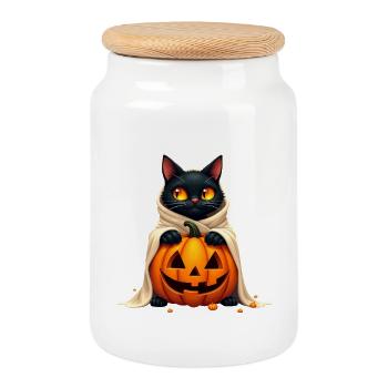 Halloween Katze mit Halloween Kürbis - Keksdose mit Holzdeckel - Weiß - Vorne