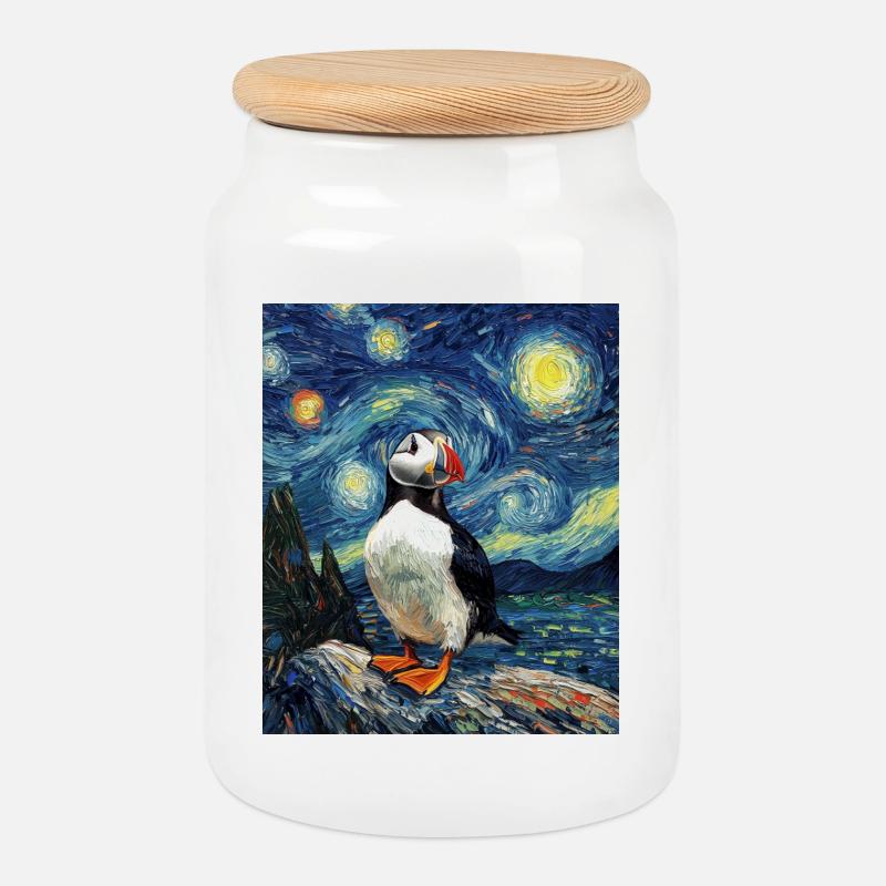 Papageientaucher Vogel Van Gogh Style Starry Night - Keksdose mit Holzdeckel - Weiß