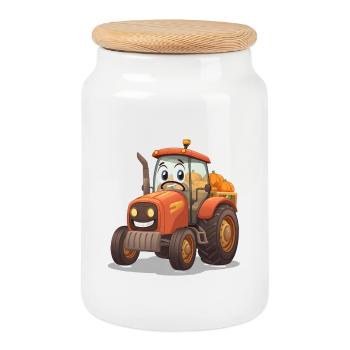 Pumpkin Tractor in Orange Cartoon Farm - Cookie Jar with Wooden Lid - white - Front