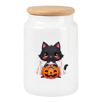 Halloween Katze mit Halloween Kürbis - Keksdose mit Holzdeckel - Weiß - Vorne