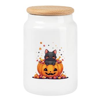Halloween Katze mit Halloween Kürbis - Keksdose mit Holzdeckel - Weiß - Vorne