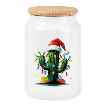 Cactus avec guirlandes lumineuses et chapeau de Père Noël - Boîte à biscuits avec couvercle en bois - blanc - Devant