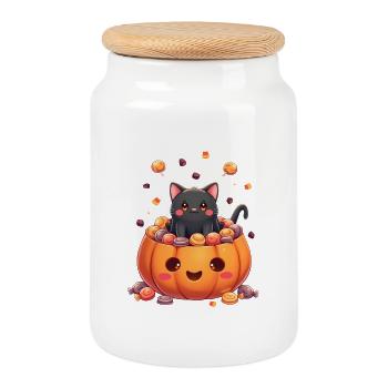 Halloween Katze mit Halloween Kürbis - Keksdose mit Holzdeckel - Weiß - Vorne