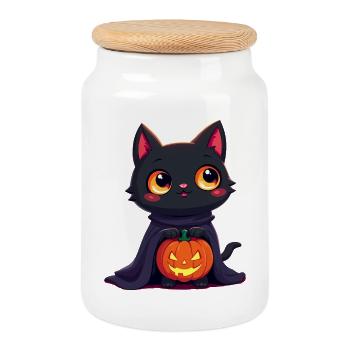 Halloween Katze mit Halloween Kürbis - Keksdose mit Holzdeckel - Weiß - Vorne