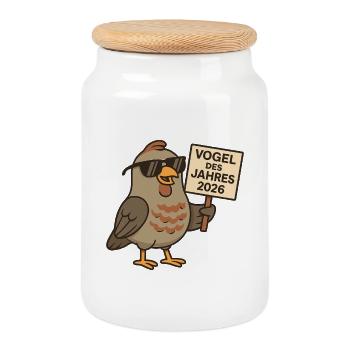 Cool Partridge – Bird of the Year 2026 with Shield - Cookie Jar with Wooden Lid - white - Front