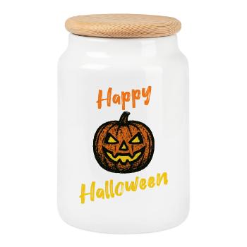 Grunge Kürbis – Happy Halloween Shirt - Keksdose mit Holzdeckel - Weiß - Vorne