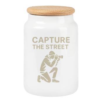 Capture the Street – Street Photography Shirt - Keksdose mit Holzdeckel - Weiß - Vorne