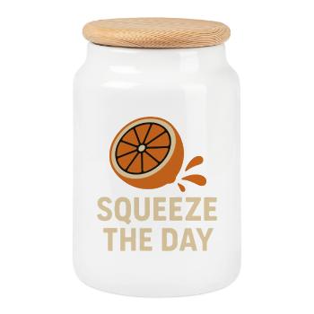 Presser le jour - Design orange drôle - Boîte à biscuits avec couvercle en bois - blanc - Devant