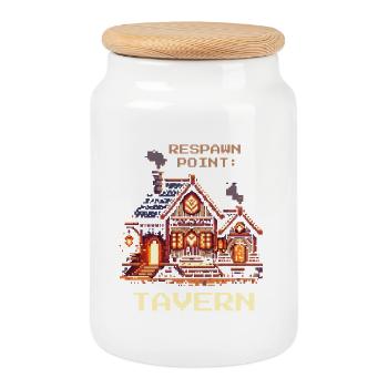 Respawn-Punkt Taverne | RPG Humor & Bier - Keksdose mit Holzdeckel - Weiß - Vorne