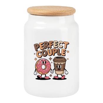 Perfect Couple Coffee and Donut Duo - Cookie Jar with Wooden Lid - white - Front