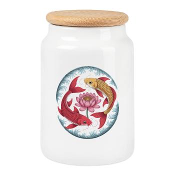 Poisson Koi et fleur de lotus motif harmonieux - Boîte à biscuits avec couvercle en bois - blanc - Devant