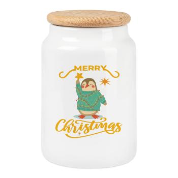 Un pingouin élève un poinsettia – Joyeux Noël - Boîte à biscuits avec couvercle en bois - blanc - Devant