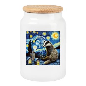 Badger on roof in starry night - Cookie Jar with Wooden Lid - white - Front