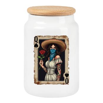 Mariachi Queen with Rose - Cookie Jar with Wooden Lid - white - Front