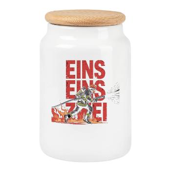 Feuerwehr Spruch – 112 Notruf Held in Aktion - Keksdose mit Holzdeckel - Weiß - Vorne