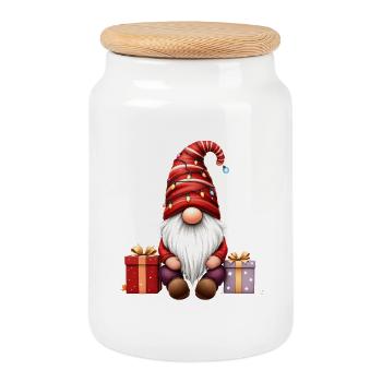 Gnomin de Noël avec guirlandes lumineuses et colis - Boîte à biscuits avec couvercle en bois - blanc - Devant