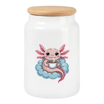 Axolotl avec café sur nuage Café du matin Kawaii - Boîte à biscuits avec couvercle en bois - blanc - Devant