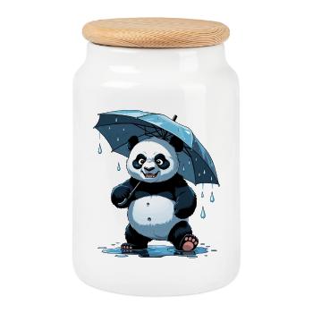 Panda Under Umbrella - Cookie Jar with Wooden Lid - white - Front