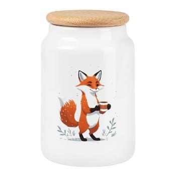 Renard au café en hiver - Boîte à biscuits avec couvercle en bois - blanc - Devant