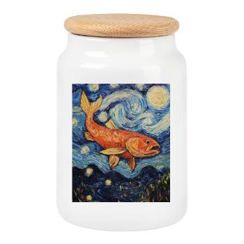 Poisson Koi Karfen Van Gogh Style Nuit étoilée - Boîte à biscuits avec couvercle en bois - blanc - Devant
