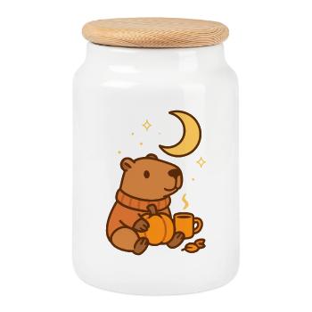 Capybara with Pumpkin – Cozy Autumn Vibes - Cookie Jar with Wooden Lid - white - Front