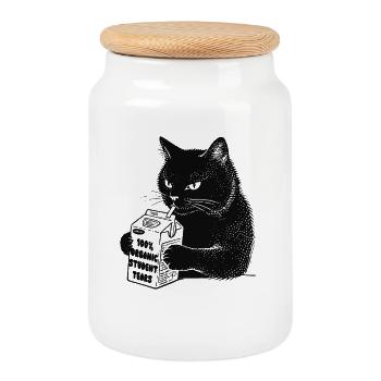 Katze trinkt '100% Organic Student Tears' - Keksdose mit Holzdeckel - Weiß - Vorne