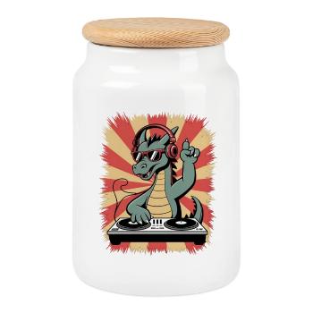 Drachen-DJ mit Kopfhörer-Beat - Keksdose mit Holzdeckel - Weiß - Vorne