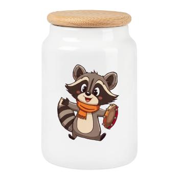 Raton laveur avec tambourin et écharpe - Boîte à biscuits avec couvercle en bois - blanc - Devant