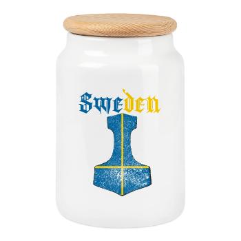 Sweden Flag – Mjölnir Thorhammer Design - Cookie Jar with Wooden Lid - white - Front