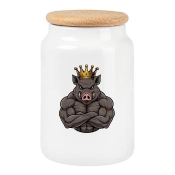 Roi sanglier fort dessin animé Fitness Portrait - Boîte à biscuits avec couvercle en bois - blanc - Devant