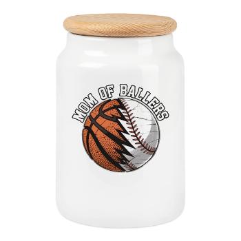 Mom of Ballers – Sportmama Design - Cookie Jar with Wooden Lid - white - Front