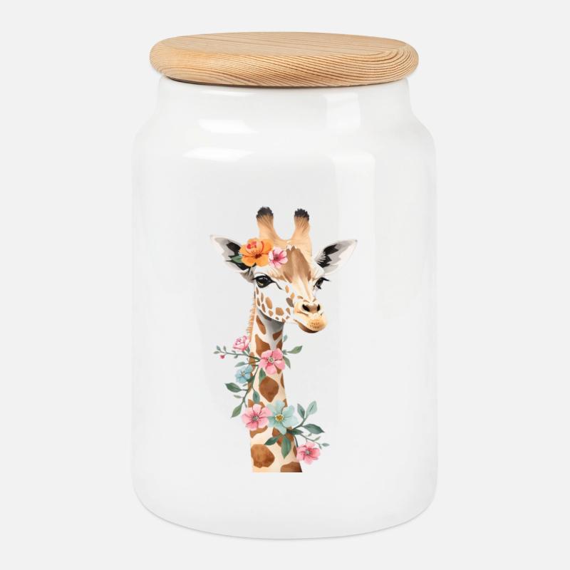Giraffe mit Blumenkrone - Keksdose mit Holzdeckel - Weiß