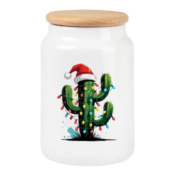 Cactus Christmas with lights - Cookie Jar with Wooden Lid - white - Front