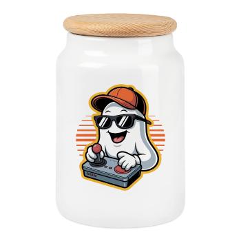 Retro Gamer Halloween Ghost - Cookie Jar with Wooden Lid - white - Front