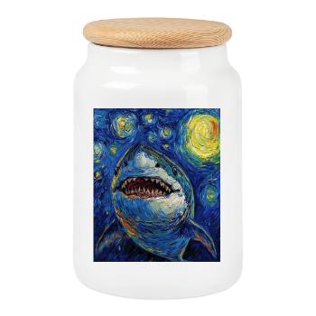 Requin Poisson Style Van Gogh Nuit étoilée - Boîte à biscuits avec couvercle en bois - blanc - Devant