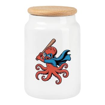 Baseball Oktopus Superheld - Keksdose mit Holzdeckel - Weiß - Vorne