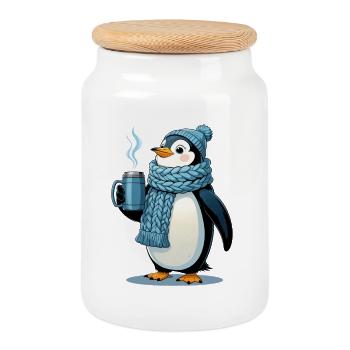 Kuschelpinguin mit blauem Schal - Keksdose mit Holzdeckel - Weiß - Vorne