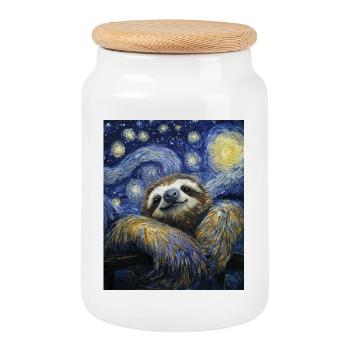 paresseux Van Gogh style nuit étoilée - Boîte à biscuits avec couvercle en bois - blanc - Devant