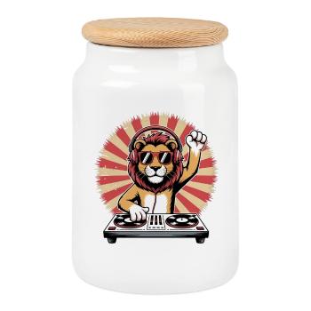 Lion DJ with headphones - Cookie Jar with Wooden Lid - white - Front