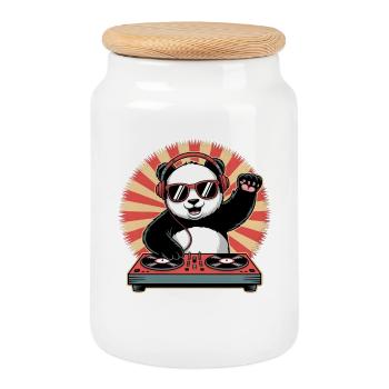 Panda DJ avec casque - Boîte à biscuits avec couvercle en bois - blanc - Devant