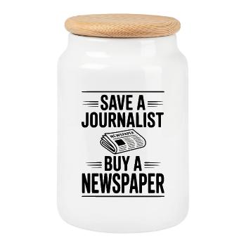 Sauver un journaliste Acheter un journal - Boîte à biscuits avec couvercle en bois - blanc - Devant