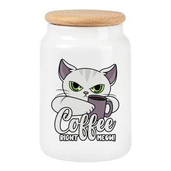 Café Miaou Droit - Miaou - Chat avec une tasse de café - Boîte à biscuits avec couvercle en bois - blanc - Devant