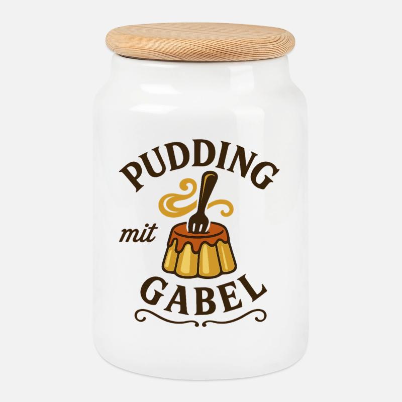 Pudding mit Gabel - Keksdose mit Holzdeckel - Weiß