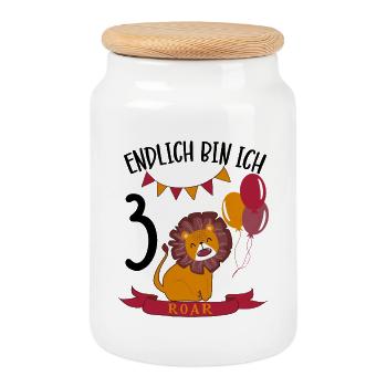 Anniversaire Lion 3 ans Leo Cadeau de fête - Boîte à biscuits avec couvercle en bois - blanc - Devant